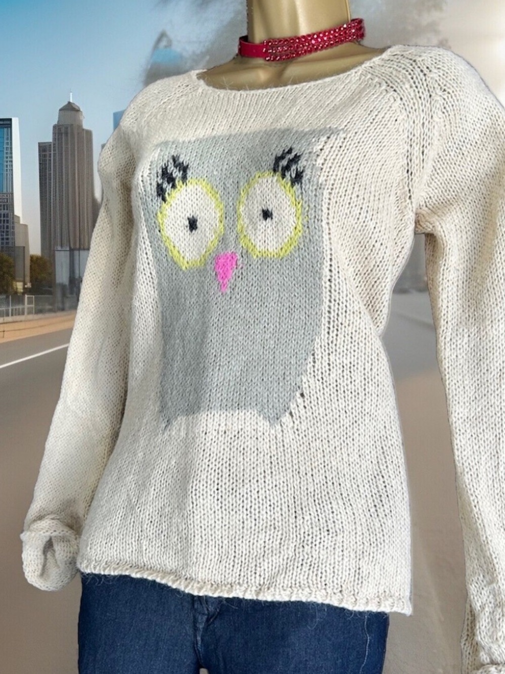 Rewind Cream Crewneck Sweater with Gray Owl and Pink Details